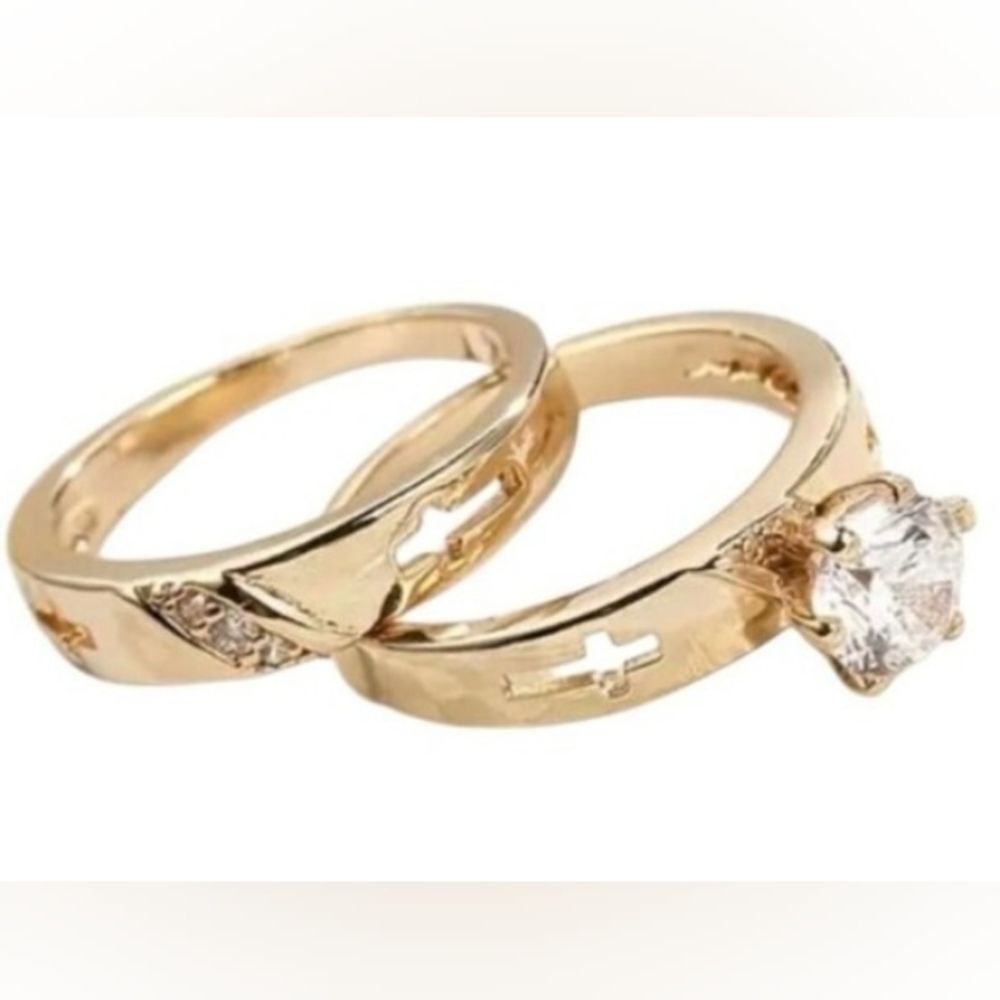 Gold Finish Cross Ring Set • Size 8 Zirconia Religious Stacking Duo